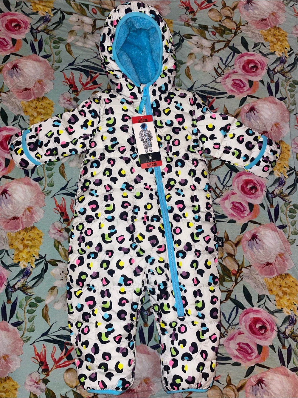 Infant Leopard Print Hooded Snowsuit - White with Neon Accents spyder brand